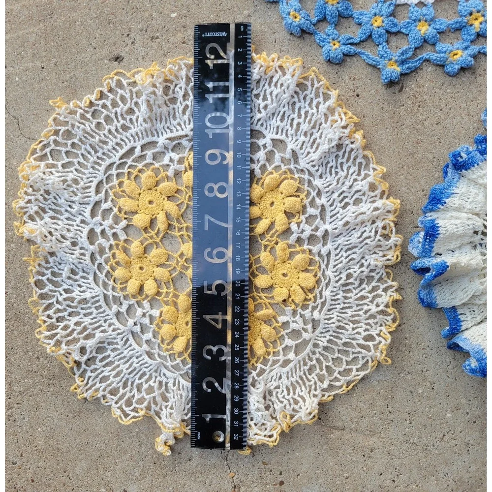 Lot 4 Vintage Hand Crocheted Doilies Round Multi Color Ruffled Lace Flowers-Read